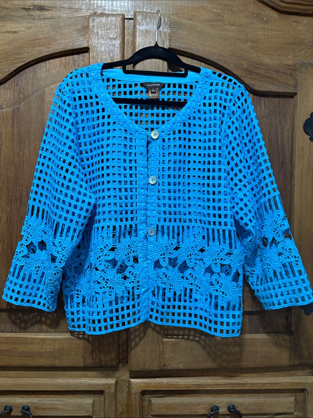 Multiples Bright Turquoise Crochet Floral Button Jacket